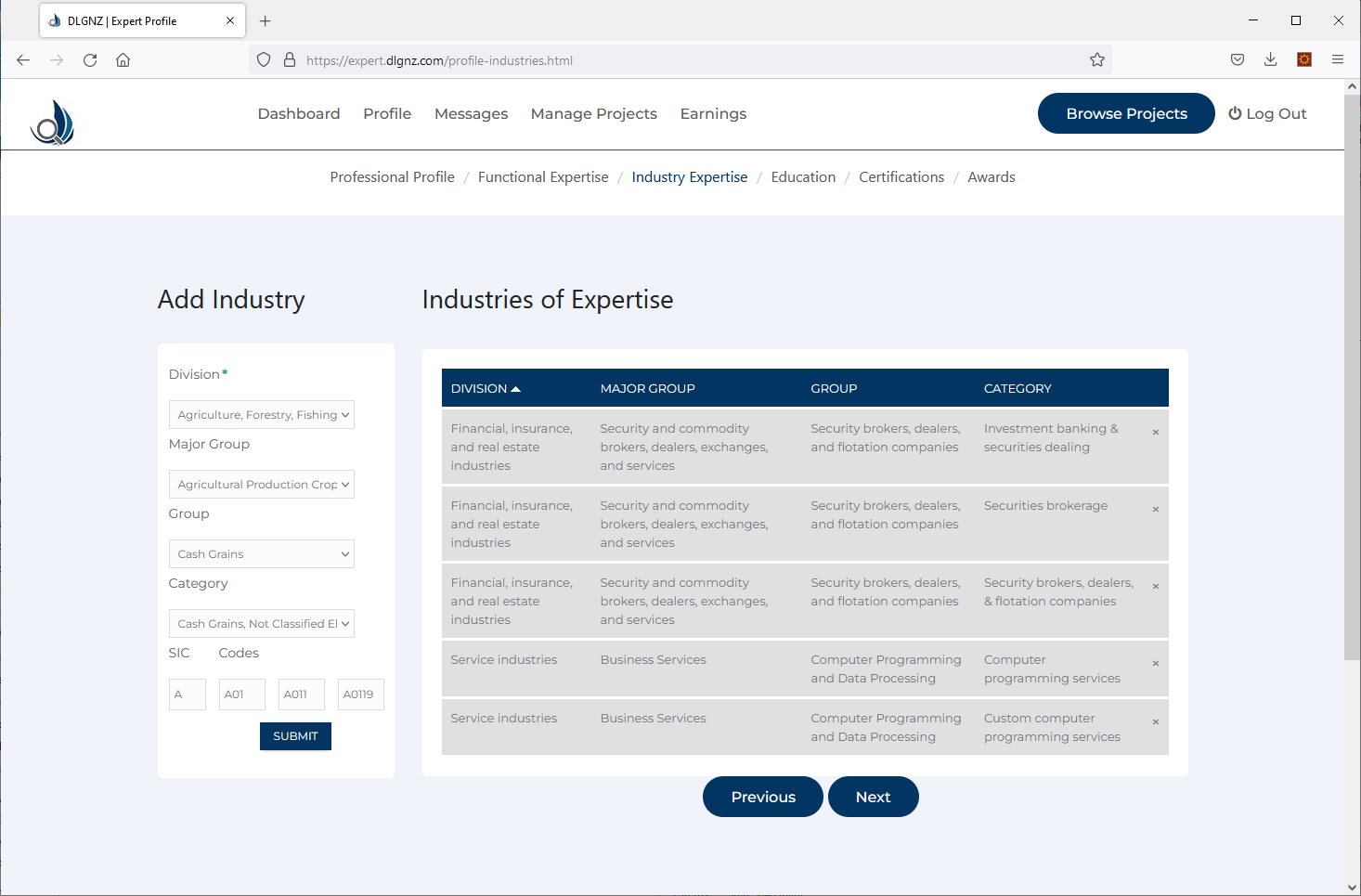 DLGNZ Industry Expertise Screen